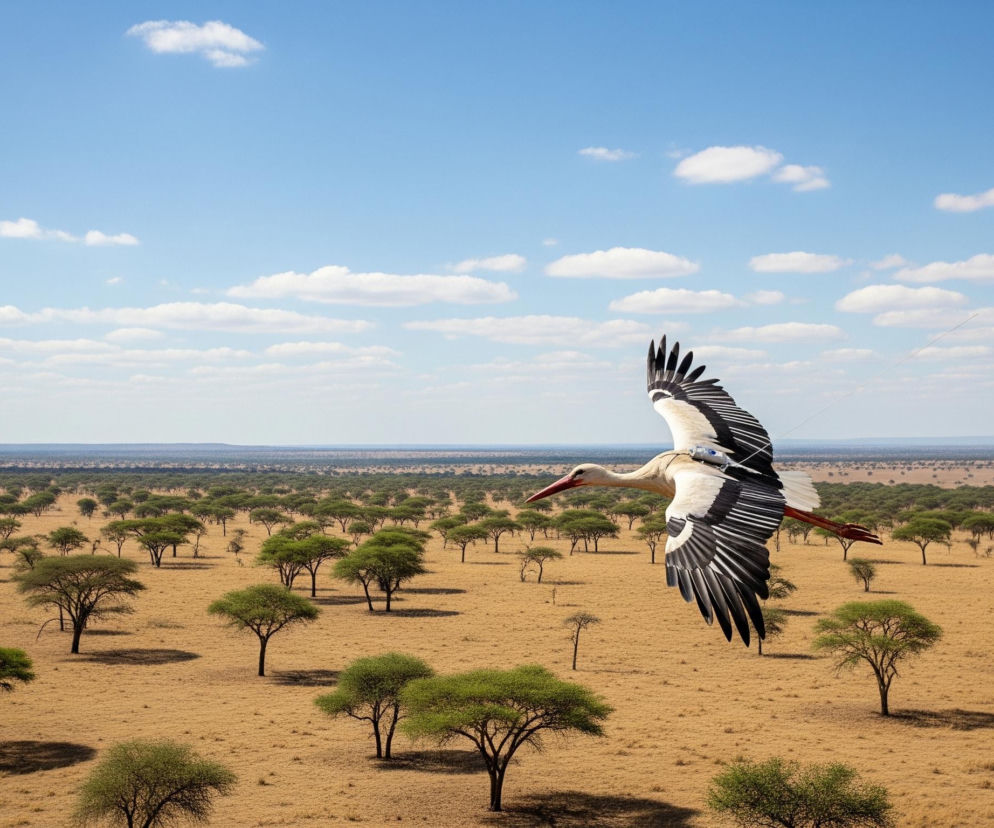 Biały bocian z czarnymi piórami na skrzydłach i czerwonym dziobem oraz nogami leci w prawo na tle rozległego, suchego krajobrazu. Na grzbiecie bociana widoczny jest niewielki, srebrno-czarny nadajnik z anteną. Poniżej rozciąga się równina porośnięta rzadką, żółtobrązową trawą i rozsianymi akacjowymi drzewami o zielonych, parasolowatych koronach, rzucającymi cienie na ziemię. Horyzont zamyka pasmo wzgórz, a nad wszystkim jaśnieje błękitne niebo z licznymi, białymi obłokami.