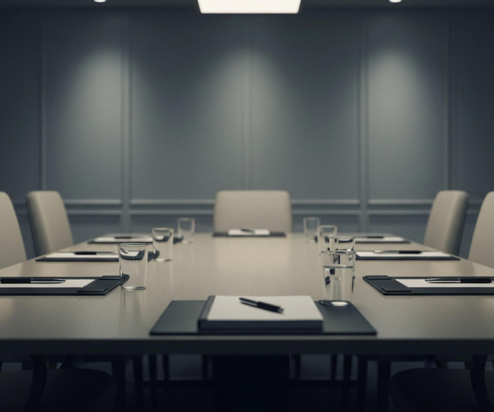 Długi, prostokątny stół konferencyjny z jasnego drewna dominuje w centrum obrazu, otoczony z obu stron beżowymi, skórzanymi krzesłami. Na stole rozłożone są czarne podkładki z białymi kartkami i czarnymi długopisami, a pomiędzy nimi stoją przezroczyste szklanki, niektóre wypełnione wodą. W tle widać ściany w odcieniach szarości z pionowymi panelami, a na suficie znajdują się jasne, kwadratowe i okrągłe oprawy oświetleniowe, rzucające punktowe światło na ścianę. Cała scena utrzymana jest w stonowanej kolorystyce, tworząc profesjonalną i spokojną atmosferę.