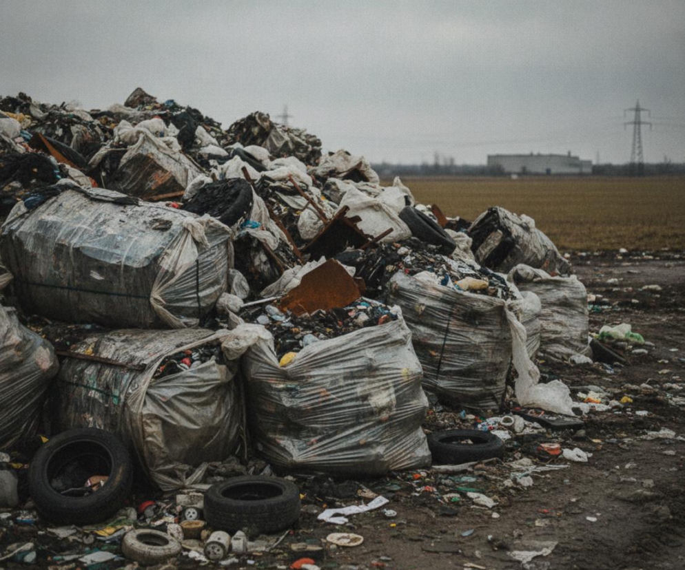 Stos nielegalnych odpadów i śmieci, w tym plastikowe worki z posegregowanym plastikiem, opony i inne elementy, składowane na polu uprawnym, z zabudowaniami i słupem energetycznym w tle. Problem ten jest szeroko omawiany na naszym portalu.