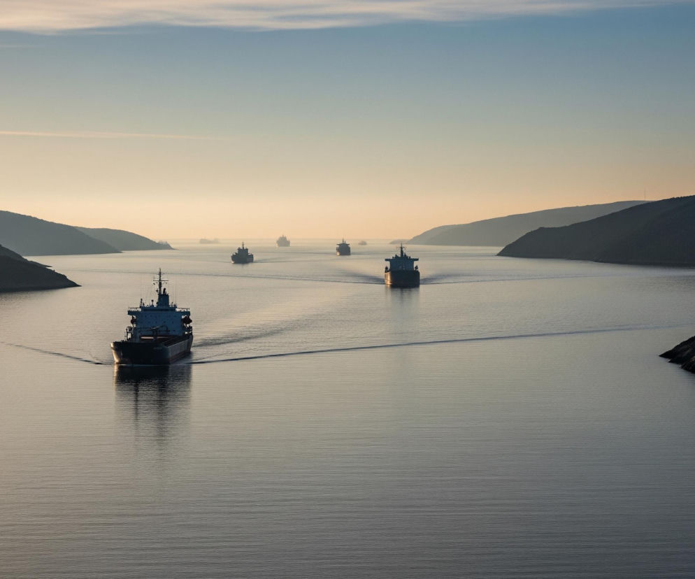 Szeroki kadr ukazuje konwój statków płynących wzdłuż krętego kanału wodnego lub zatoki o spokojnej tafli, otoczonej z obu stron pagórkowatymi wybrzeżami. Na pierwszym planie, z tyłu, płynie największy statek, tworząc za sobą wyraźną falę kilwaterową. W oddali, wzdłuż osi kanału, widoczna jest seria innych, coraz mniejszych sylwetek statków, oddalających się w kierunku horyzontu.

Niebo rozciąga się od jasnego, beżowo-pomarańczowego odcienia przy horyzoncie, przechodząc stopniowo w bladoniebieski w górnej części kadru. Zarysy pagórkowatych wybrzeży są ciemne, niemal czarne, zwłaszcza te na pierwszym planie po prawej, podczas gdy dalsze wzgórza po lewej stronie mają jaśniejszą, zamgloną barwę. Całość kadru ogarnia miękkie, rozproszone światło, sugerujące wschód lub zachód słońca.