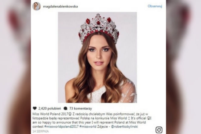 Kim jest Magdalena Bieńkowska? Instagram polskiej kandydatki na Miss World 2017