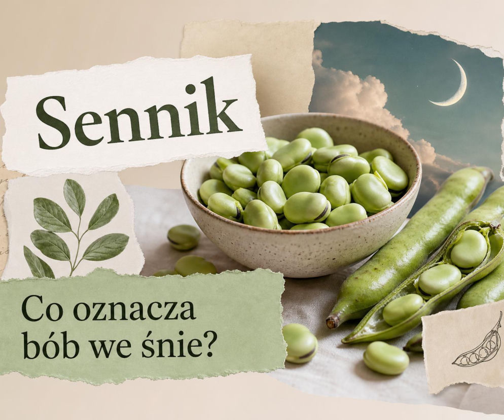 Miska pełna świeżego bobu, obok strąki i nocne niebo. O znaczeniu snu o bobie przeczytasz na łamach serwisu SE.