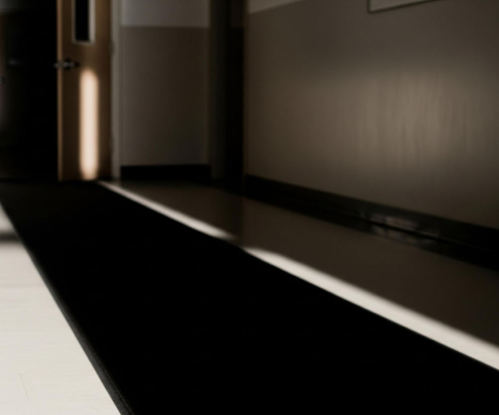 Korytarz oświetlony naturalnym światłem z lewej strony. W tle widoczne są drzwi, jedno z nich, po prawej stronie od jasnego obszaru, ma drewnianą teksturę i metalową klamkę. Duża, ciemna prostokątna mata lub dywan rozciąga się przez środek podłogi, tworząc wyraźny kontrast z jasną podłogą po lewej i częściowo oświetloną ścianą po prawej. Na ścianie po prawej stronie widoczny jest długi, ukośny cień.