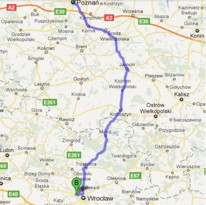Trasa 11 i 15 Poznań-Wrocław - mapka