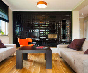Nowoczesny salon z czarną ścianą
