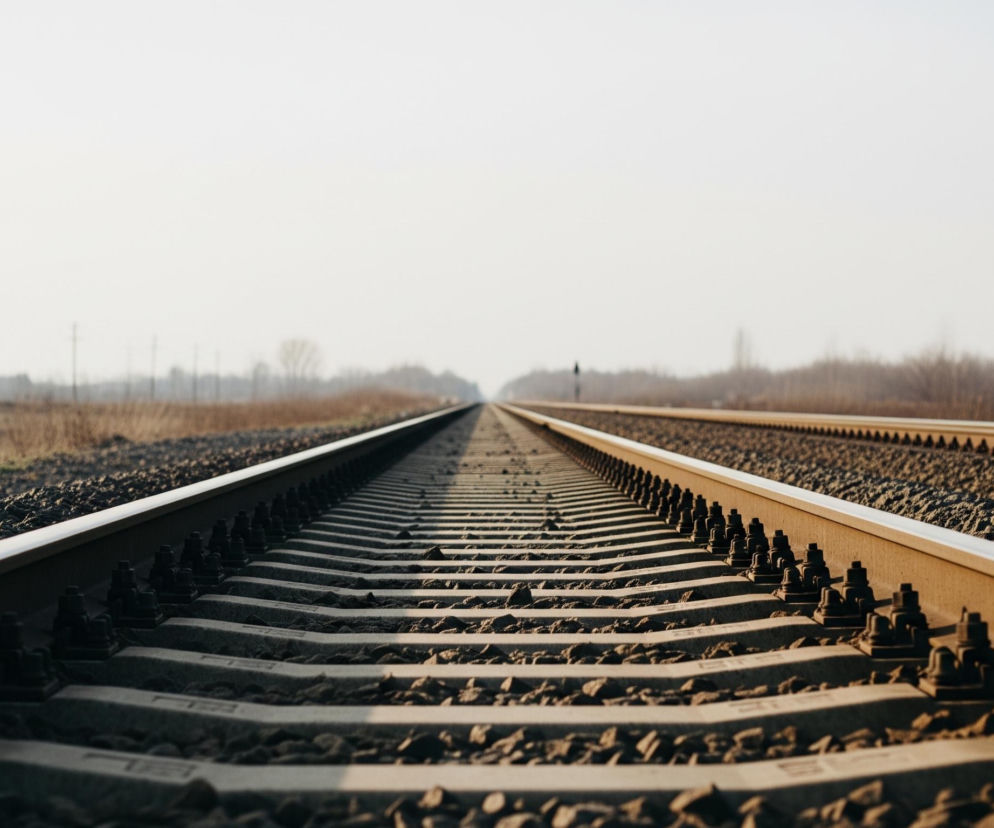 Tory kolejowe biegnące w głąb obrazu zajmują większość kadru, z dwoma równoległymi torami rozciągającymi się od pierwszego planu do horyzontu. Bliższy tor znajduje się w centrum kadru, a dalszy po prawej stronie, obydwa otoczone drobnymi kamieniami tłucznia. Zardzewiałe metalowe szyny są przymocowane do betonowych podkładów za pomocą śrub i mocowań, tworząc równomierny wzór. Po bokach torów rośnie sucha, brązowa trawa i krzewy, a w oddali widoczne są niewyraźne drzewa oraz słupy linii energetycznej. Jasne, zamglone niebo zajmuje górną połowę obrazu.