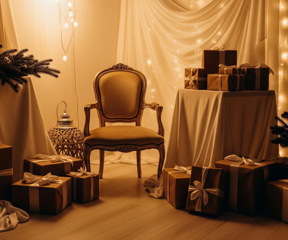 Na zdjęciu widoczna jest scena świąteczna, dominują ciepłe, złote i brązowe odcienie. Centralnie umieszczony jest elegancki fotel w stylu retro, z ozdobnymi, rzeźbionymi ramionami i oparciem, tapicerowany jasnozłotą tkaniną. Wokół fotela i po bokach leżą liczne prezenty, zapakowane w brązowy papier i przewiązane białymi wstążkami, niektóre poukładane na dwóch stołach przykrytych białymi obrusami.

Po prawej stronie znajduje się udekorowana choinka, z gałęziami o ciemnozielonym odcieniu, ozdobiona złotymi bombkami i drobnymi, świecącymi lampkami. Tło stanowi jasna, udrapowana tkanina, prawdopodobnie zasłona, oświetlona delikatnymi światełkami, co tworzy miękką, rozproszoną poświatę. Na pierwszym planie widoczna jest jasna, drewniana podłoga, a po lewej stronie, obok fotela, stoi mała, ozdobna latarenka o ażurowej strukturze.