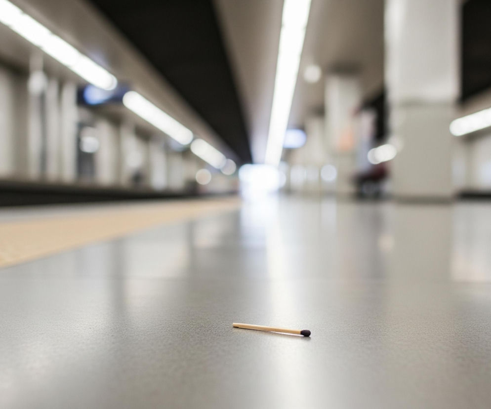 Na szarej, lekko ziarnistej posadzce, w centrum kadru leży pojedyncza zapałka. Ma jasnobrązowy trzonek i ciemnofioletową główkę. Posadzka odbija światło, tworząc refleksy. Po lewej stronie widać fragment żółtego, teksturowanego pasa ostrzegawczego, biegnącego w głąb obrazu. W tle rozciąga się długi, rozmyty korytarz stacji metra lub tunelu, z liniami świetlówek na suficie i niewyraźnymi elementami architektonicznymi po bokach, a w oddali widać jasne, rozmazane światło.