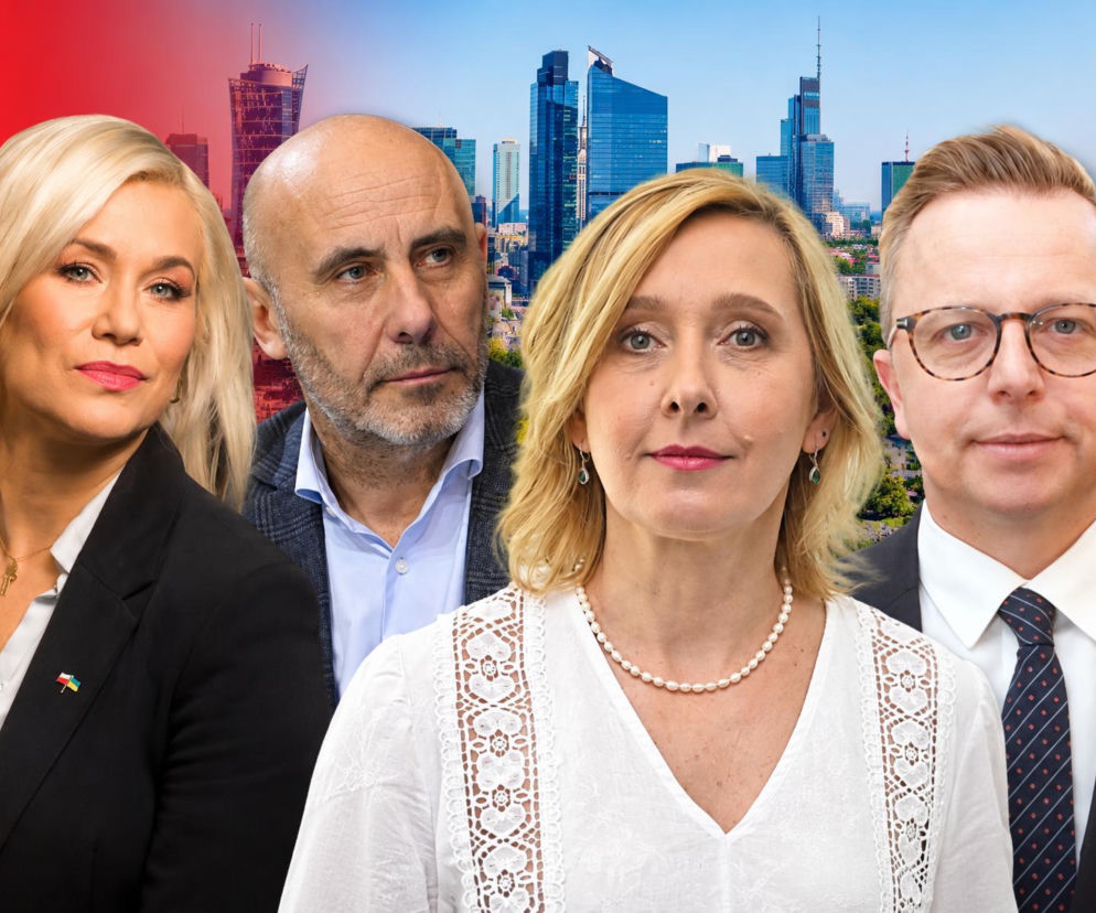 Kamila Biedrzycka, dr Anna Materska-Sosnowska i dwóch mężczyzn na tle Warszawy. O sporze w państwie czytaj w SE Polityka.