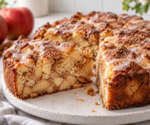 Apple fritter cake smakuje jak wielki racuch z jabłkami. Ma mnóstwo owoców i chrupiący wierzch
