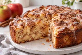 Apple fritter cake smakuje jak wielki racuch z jabłkami. Ma mnóstwo owoców i chrupiący wierzch