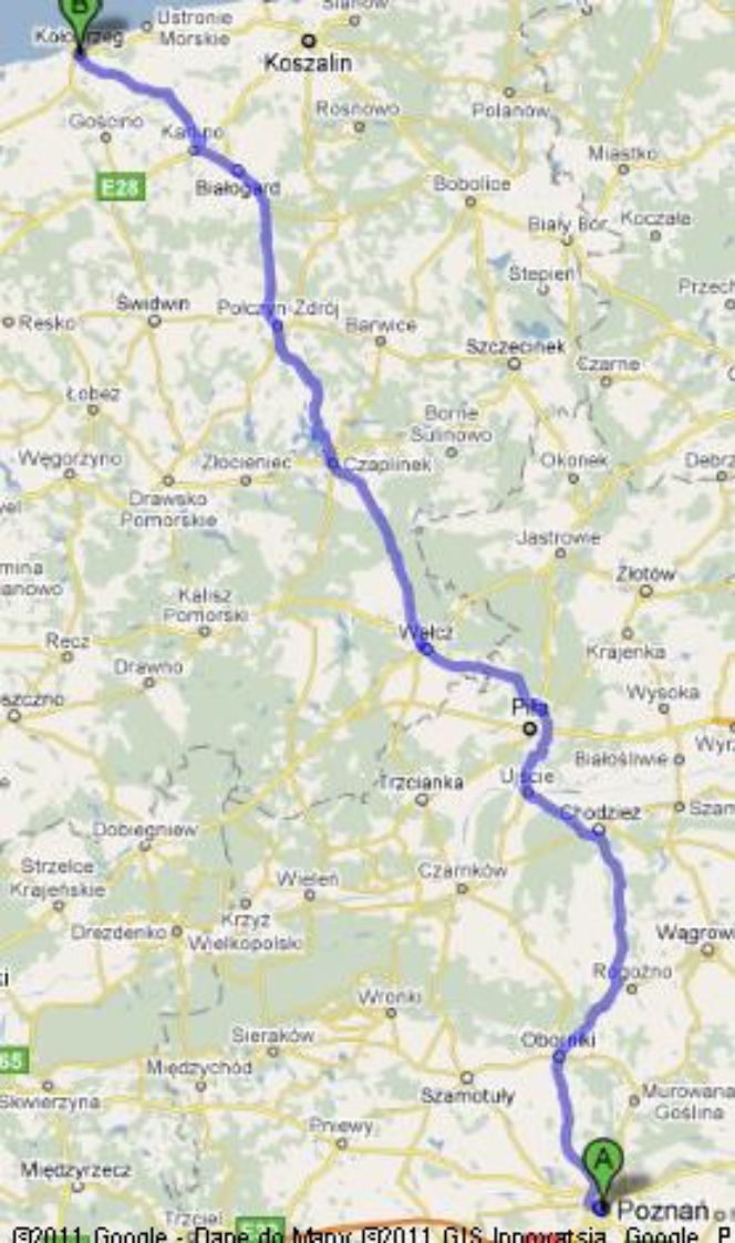Trasa 11 i 163 Poznań-Kołobrzeg - mapka