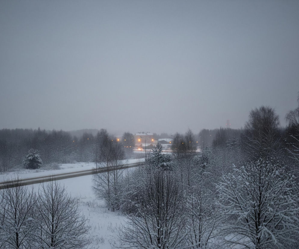 Ośnieżony, zimowy krajobraz rozciąga się pod szarym niebem. Pośrodku obrazu wije się ciemna droga, wyraźnie odcinająca się od białego śniegu pokrywającego całą ziemię i gałęzie drzew. W oddali, w centrum, widać kilka budynków z wyraźnym, ciepłym, żółtym światłem. Na horyzoncie majaczy sylwetka wieży z czerwonymi światłami.