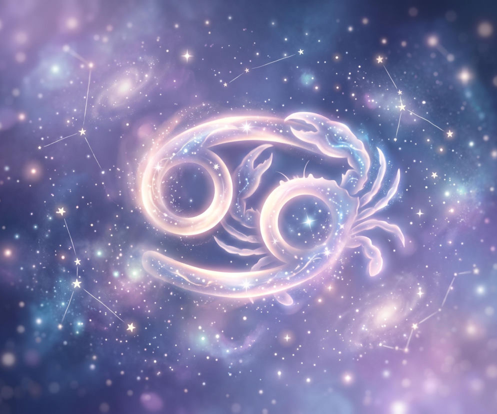 Świecący symbol zodiakalnego Raka na tle gwieździstego nieba. O horoskopie dla Raka przeczytasz w Eska.