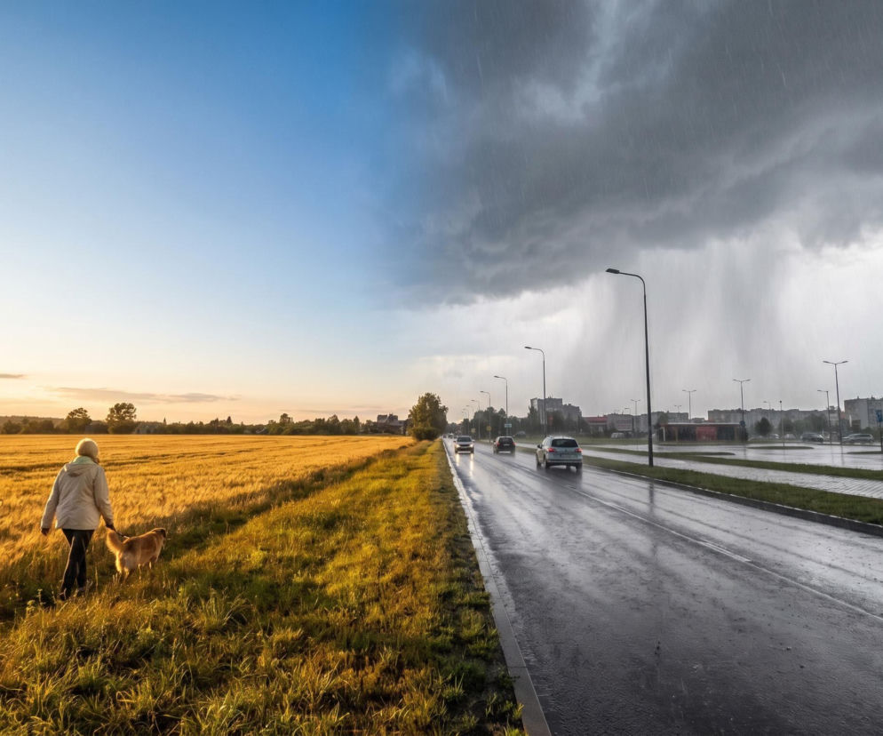 Zestawienie słonecznego pola i deszczowej drogi w mieście. O weekendowej pogodzie przeczytasz na Eska.