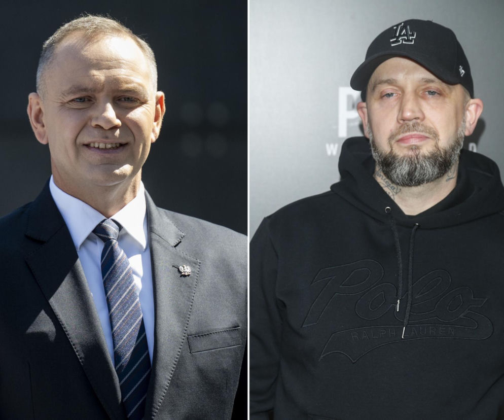 Prezydent Karol Nawrocki w garniturze obok rapera Pei w czarnej bluzie. O ich spotkaniu przeczytasz na SE.