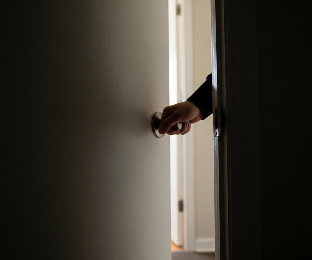 Ciemne pomieszczenie rozświetla się częściowo przez uchylone, jasnoszare drzwi, na których widać dłoń ubraną w czarny rękaw chwytającą za okrągłą klamkę. Prawa strona obrazu to szczelina prowadząca do jasnego wnętrza, gdzie widać białe ściany i fragment podłogi z jasnego drewna. Lewa strona obrazu jest zdominowana przez cień i ciemną przestrzeń.