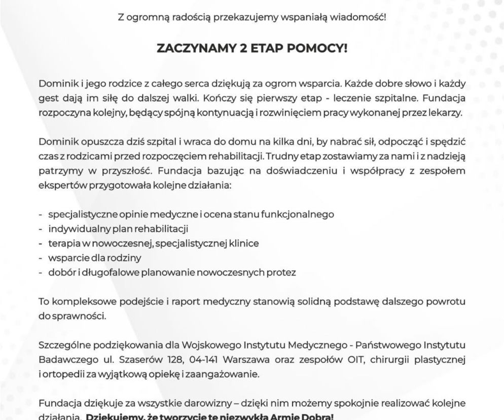 Dominik Hołuj wychodzi dzisiaj ze szpitala! 