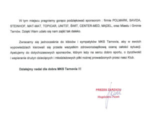 Oświadczenie MKS Tarnovii Tarnów