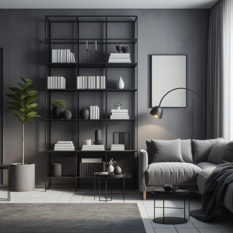 Metalowy regał w minimalistycznym salonie