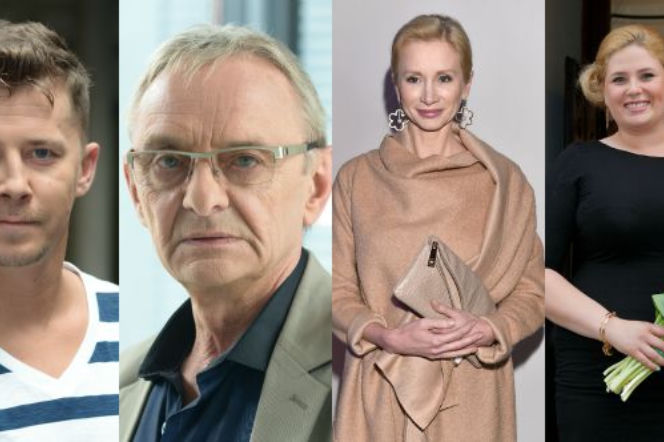 Pierwsza miłość po wakacjach 2015. Jerzy Bończak (Andrzej), Bartosz Obuchowicz (Cyryl), Ewa Gawryluk ( Ewa), Elżbieta Romanowska (Kazanowa)