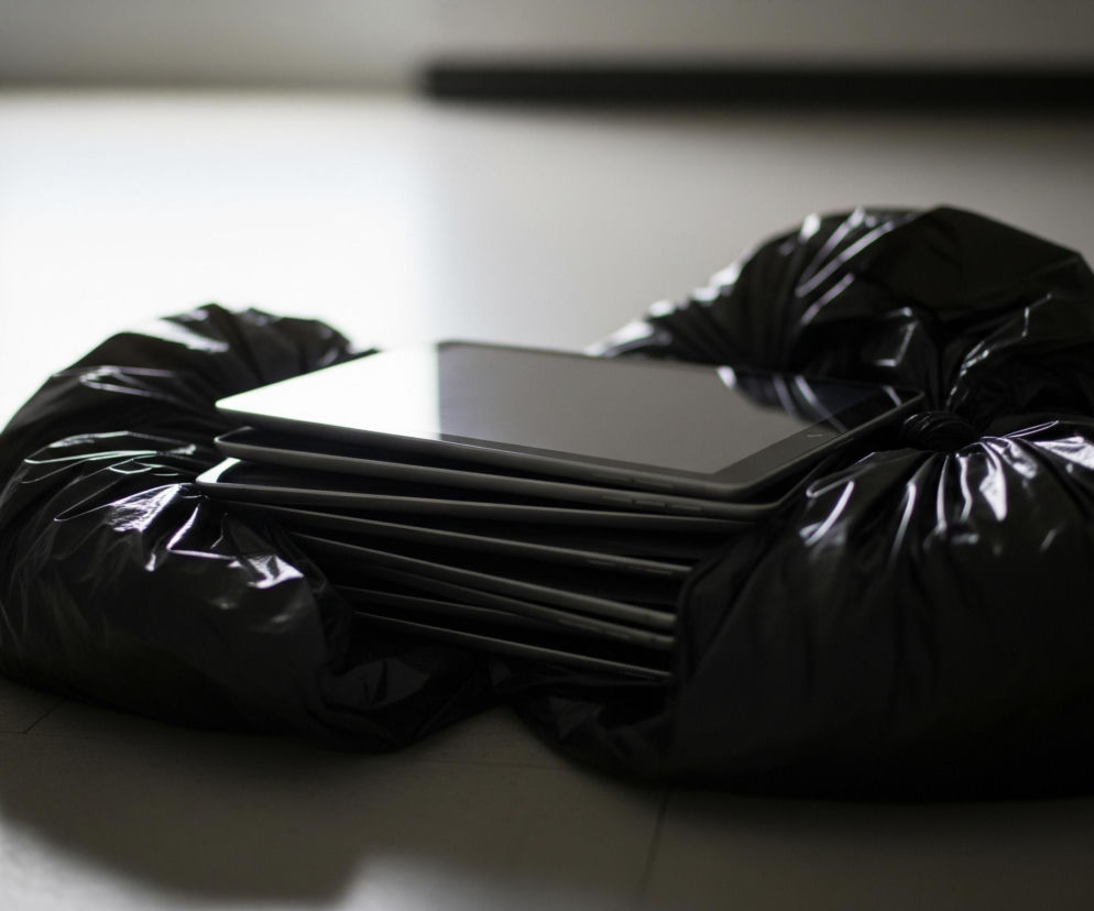 Na podłodze leży czarny, lśniący worek na śmieci, częściowo otwarty. Z wnętrza worka wystaje stos szarych lub srebrnych prostokątnych tabletów ułożonych jeden na drugim. Worek ma zaciśnięte boki, tworząc dwa wyraźne, zaokrąglone wybrzuszenia. Całość znajduje się w słabo oświetlonym pomieszczeniu z jasno-szarymi ścianami i podłogą, na której widać linie łączeń płytek.