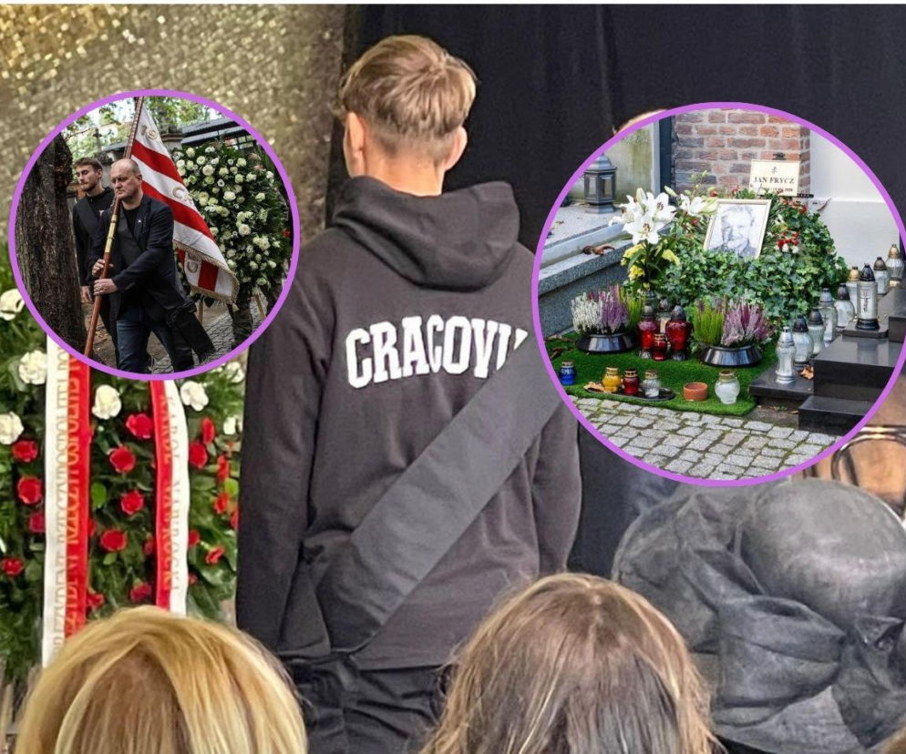 Kibic w bluzie Cracovii na pogrzebie Jana Frycza. Na miniaturach poczet sztandarowy i grób aktora. Czytaj na SE.