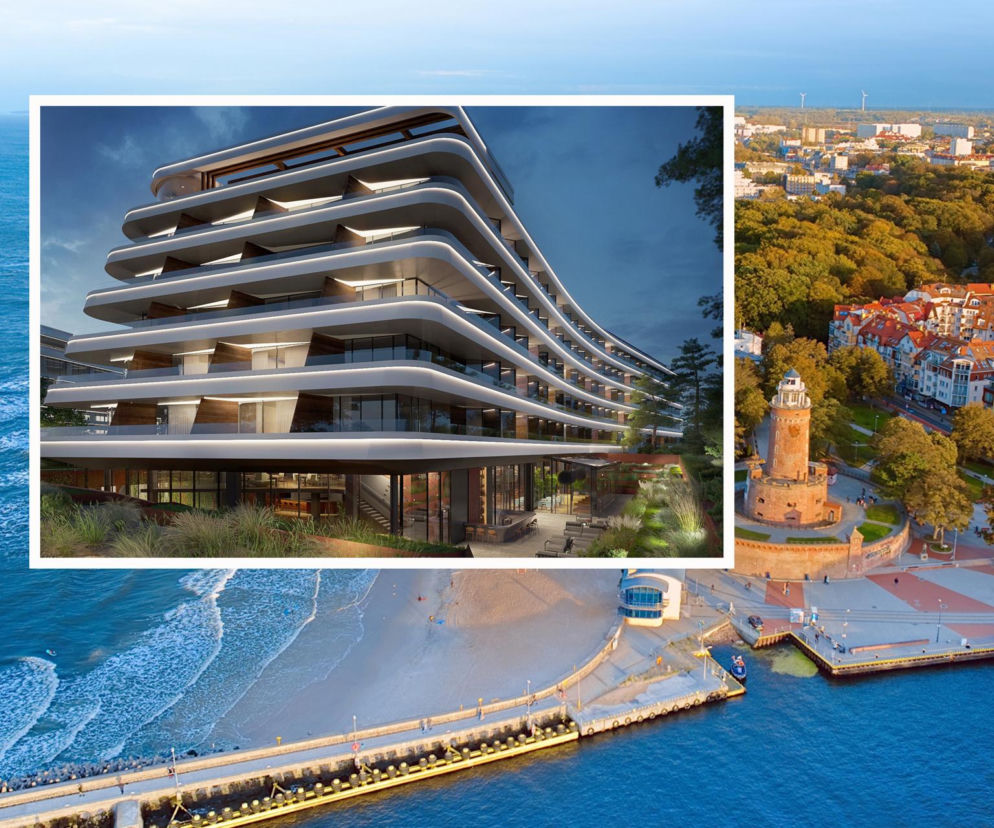 Wizualizacja luksusowego hotelu Mearl na tle wybrzeża Kołobrzegu z morzem, plażą i molo, prezentująca nowoczesną architekturę i otoczenie, o której przeczytasz więcej na Super Biznes.