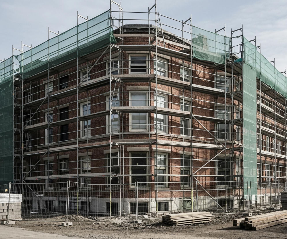 Duży budynek z cegły w trakcie remontu, otoczony rozbudowanym rusztowaniem z metalowych rur. Większość rusztowania pokryta jest jasnozieloną, prześwitującą siatką ochronną. Budynek posiada liczne okna o białych ramach i narożne zaokrąglenie, co nadaje mu charakterystyczny kształt. Przed budynkiem znajduje się plac budowy ogrodzony metalowym siatkowym płotem, na którym leżą stosy materiałów budowlanych, takich jak palety z bloczkami i deski. Tło stanowi jasne, lekko zachmurzone niebo, a po lewej stronie obrazu widoczne są fragmenty innych, podobnych budynków.