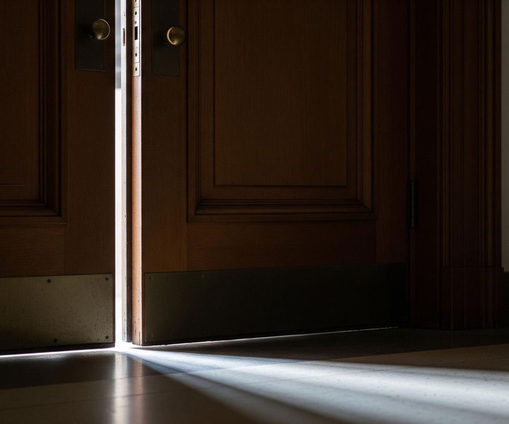 Dwoje drewnianych drzwi, częściowo otwartych, z szeroką pionową szczeliną pośrodku, są widoczne na pierwszym planie. Przez szczelinę przedziera się intensywne białe światło, tworząc jasną smugę na podłodze, która stopniowo przechodzi w cienie i rozświetlone paski. Po obu stronach drzwi znajdują się okrągłe, mosiężne klamki i prostokątne, metalowe listwy ochronne przy dolnej krawędzi, chroniące drewno przed uszkodzeniami. Cała scena jest utrzymana w ciemnych brązach i odcieniach szarości, kontrastujących z jaskrawym światłem.
