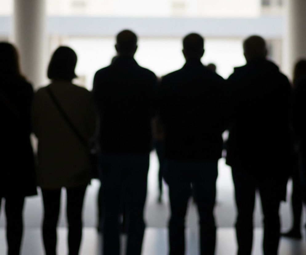 W centrum obrazu znajduje się rozmyty rząd ludzi stojących tyłem do widza, ich sylwetki są niemal całkowicie czarne, tworząc wyraźne cienie. W tle widoczny jest jasny, niewyraźny obszar, prawdopodobnie okna lub duże otwory, przepuszczające światło. Pomiędzy sylwetkami ludzi oraz po bokach widać pionowe, jasne pasy, które mogą być framugami lub elementami architektonicznymi. Cały obraz utrzymany jest w kontraście między ciemnymi sylwetkami a jasnym, rozmytym tłem.