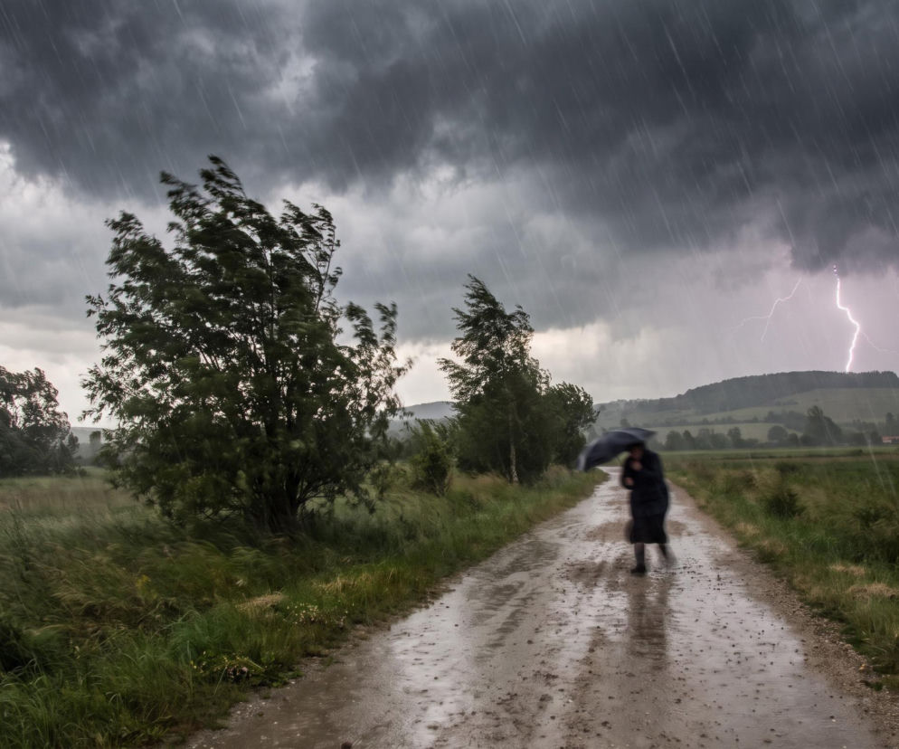 Osoba z parasolem na drodze w czasie burzy. Porywisty wiatr ugina drzewa. O pogodzie w niedzielę przeczytasz w Eska.