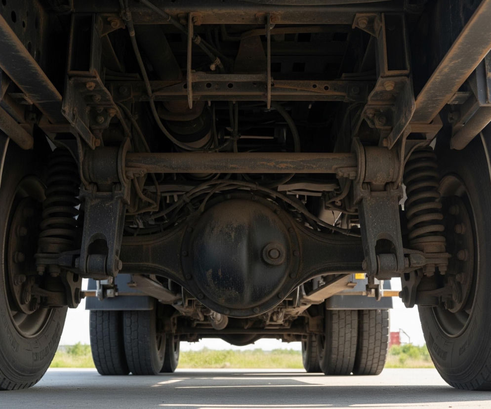 Podwozie ciężarówki zajmuje centrum obrazu, widziane od tyłu i z niskiej perspektywy. Duże, bieżnikowane opony po lewej i prawej stronie ramy wyznaczają brzegi kompozycji, natomiast na środku widoczne są elementy układu napędowego, w tym duża, ciemna obudowa mechanizmu różnicowego. Liczne metalowe rury, belki, przewody i sprężyny zawieszenia, pokryte warstwą brudu i kurzu, tworzą skomplikowaną sieć konstrukcji. Cztery mniejsze opony, ustawione w parach, są widoczne dalej pod podwoziem, sugerując, że ciężarówka ma podwójne koła z tyłu. Tło stanowią niebo o jasnym, niemal białym zabarwieniu oraz zielona trawa i fragment drogi asfaltowej.