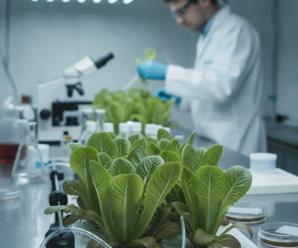 Naukowiec w laboratorium bada sałatę. O sałacie produkującej białko zwierzęce przeczytasz na Poradnik Zdrowie.