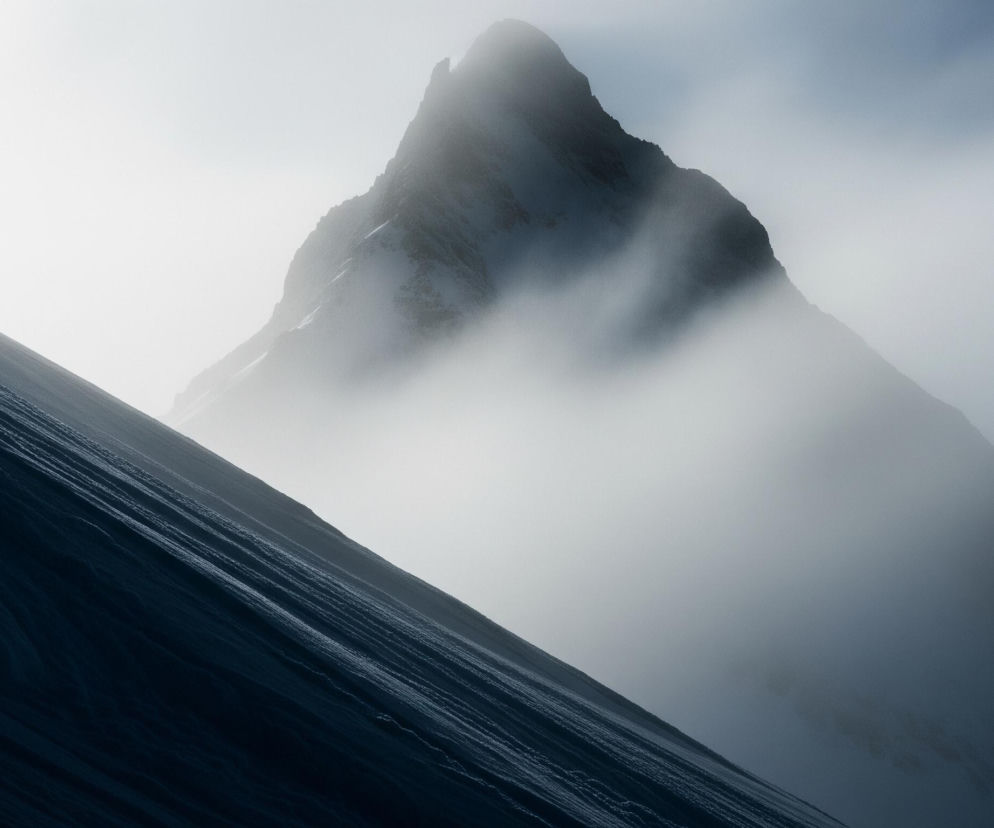 Na pierwszym planie, z lewej strony, widać strome zbocze pokryte ciemnym, pofałdowanym śniegiem lub lodem, tworzącym równoległe grzbiety i doliny, lekko jaśniejsze ku górze. Za nim, w centralnej części, dominuje wysoki, skalisty szczyt górski, częściowo pokryty śniegiem i otulony gęstą mgłą lub chmurami, które rozmywają jego podstawę. Prawe zbocze góry jest znacznie bardziej skaliste i ciemniejsze niż lewe, które jest jaśniejsze i bardziej oświetlone, ukazując szczegóły ośnieżonych krawędzi. Całość kompozycji utrzymana jest w chłodnych odcieniach bieli, szarości i granatu, z mocnym kontrastem między jasnym, rozświetlonym niebem po lewej stronie a ciemnymi partiami zbocza i wierzchołka.