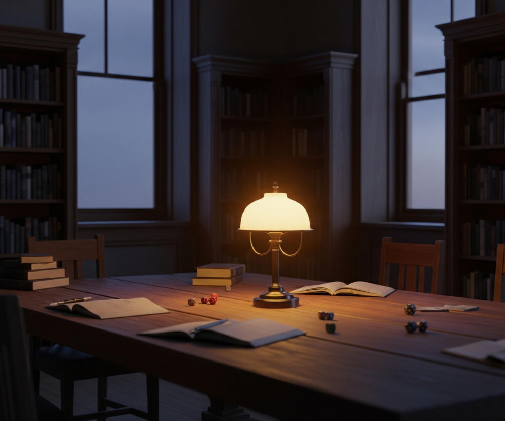 Centralnie na drewnianym stole stoi lampa z bursztynowym światłem, rozświetlającym jego powierzchnię. Wokół stołu rozmieszczone są drewniane krzesła, a na blacie leżą otwarte książki, długopisy, stosiki zamkniętych książek oraz różnokolorowe kostki do gry. W tle znajdują się drewniane regały wypełnione równo ułożonymi książkami, tworząc biblioteczną atmosferę. Za regałami widoczne są duże okna, przez które wpada delikatne, szare światło, kontrastujące z ciepłym oświetleniem wnętrza.