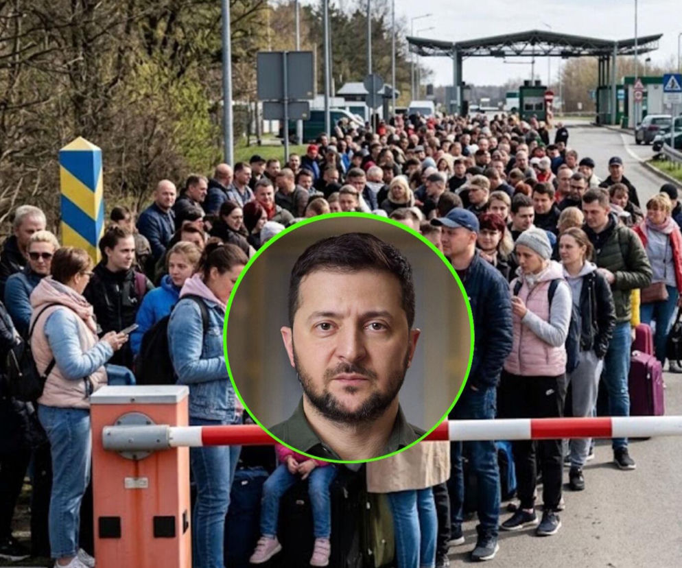 Tłum ludzi z bagażami na przejściu granicznym. Na miniaturze prezydent Wołodymyr Zełenski. Szczegóły na SE Portal Obronny.