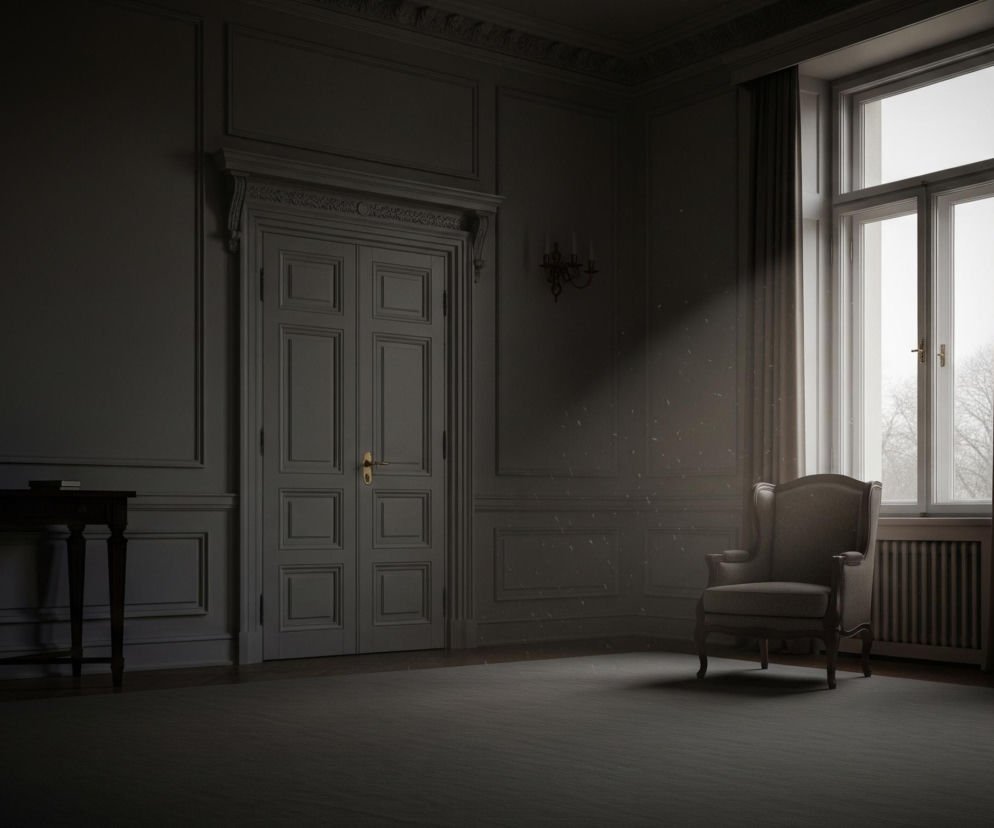 Wnętrze pomieszczenia utrzymane jest w ciemnoszarych tonacjach, z oknem po prawej stronie, przez które wpada snop światła. W promieniach światła widoczne są drobne, pływające cząsteczki. Przed oknem stoi beżowy, tapicerowany fotel, a pod nim znajduje się grzejnik.

Po lewej stronie kadru, na ścianie ozdobionej panelami boazerii i listwami sztukatorskimi, stoi ciemny stolik z lampą stołową z białym plisowanym abażurem i małą książką. Na środku widoczna jest dwuskrzydłowa, ciemna, drewniana szafa z ozdobnymi ramami i złotą klamką. 

Górna część ścian i sufit zdobione są gzymsami, a po prawej stronie szafy, na ścianie, zawieszony jest ciemny kinkiet świecznikowy. Całość pomieszczenia pokrywa ciemnoszara wykładzina, a podłoga przy ścianach wykonana jest z drewna.