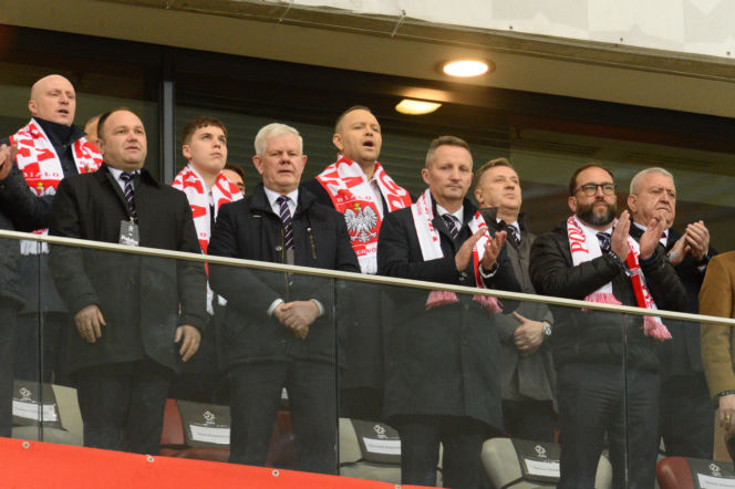 Karol Nawrocki na meczu Polska - Albania