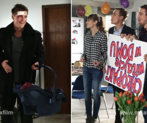 M jak miłość odc. 1141. Marcin (Mikołaj Roznerski), Olek (Maurycy Popiel), Janka (Joanna Osyda), Wojtek (Mateusz Janicki), Aleksandra (Małgorzata Pieczyńska)