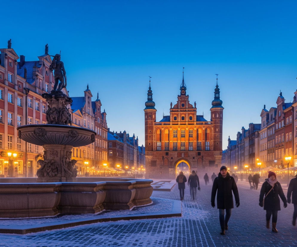 W centrum obrazu znajduje się rozległy plac miejski pokryty cienką warstwą śniegu, usiany jasnobrązowymi brukami, z licznymi ludźmi ubranymi w zimowe kurtki i czapki, którzy idą w różnych kierunkach. Po lewej stronie dominuje duża, wielopoziomowa kamienna fontanna, z posągiem Neptuna na szczycie, z którego widać plecy postaci trzymającej trójząb. W tle, na wprost, wznosi się imponujący, barokowy budynek w odcieniach pomarańczowego i brązu, z trzema ozdobnymi wieżyczkami na dachu, jasno oświetlonymi od środka. Po obu stronach placu i budynku głównego stoją szeregi wysokich kamienic, z wieloma oknami, niektóre oświetlone ciepłym, żółtym światłem, a dachy pokryte są delikatną warstwą śniegu. Niebo nad całą sceną jest jednolicie ciemnoniebieskie, bezchmurne, świadczące o wczesnym poranku lub późnym wieczorze.