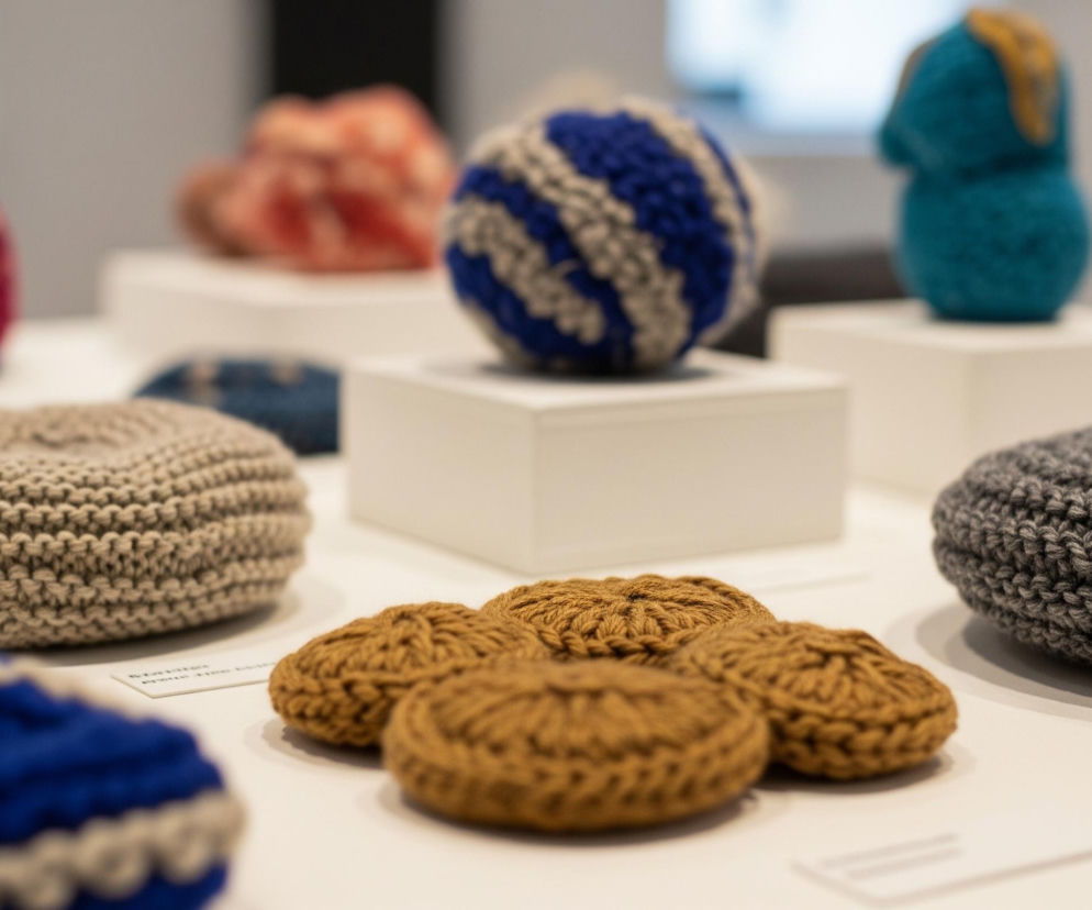 Na białym stole ekspozycyjnym ułożonych jest kilkanaście ręcznie dzierganych przedmiotów w różnych kolorach i kształtach. W centrum kadru znajduje się brązowa kompozycja złożona z pięciu okrągłych, płaskich elementów, leżąca tuż przed dwoma podłużnymi, beżowymi plackami. Za nimi, na białym postumencie, umieszczona jest kulista forma w niebiesko-białe pasy. W prawym dolnym rogu widoczny jest fragment dużego, szarego, dzierganego pierścienia. W tle, częściowo rozmazane, widoczne są inne podobne obiekty: czerwono-niebieska kula po lewej stronie, turkusowa forma przypominająca wazonik z żółtym elementem na górze po prawej, oraz mniej wyraźne obiekty w odcieniach pomarańczu i czerwieni.