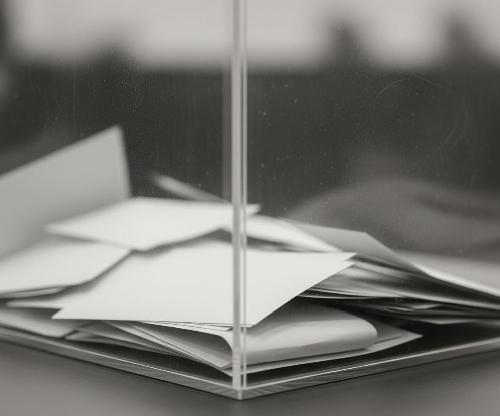 Przezroczyste, prostopadłościenne pudło z pleksi, częściowo wypełnione pogniecionymi białymi kartkami, stoi na szarym blacie. Kartki o nieregularnych kształtach są ułożone warstwowo, tworząc stos. Scena jest utrzymana w monochromatycznych odcieniach szarości, z wyraźnym rozmyciem tła. Na ściankach pudła widoczne są drobne rysy i smugi.