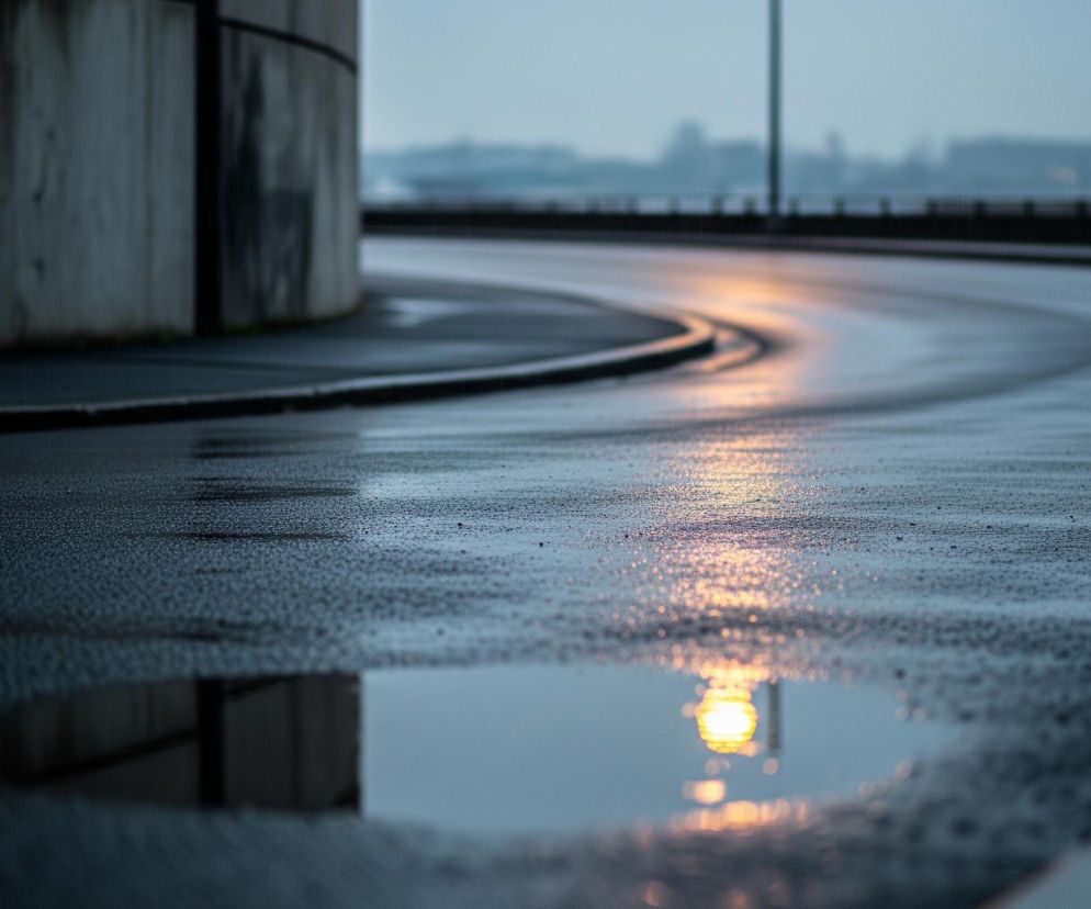 Mokry asfaltowy pas drogi zakręca w prawo, dominując dolną i środkową część kadru, z wyraźnymi refleksami pomarańczowego światła na jego powierzchni. W lewym dolnym rogu znajduje się kałuża, w której odbija się intensywnie świecąca, pomarańczowa lampa uliczna. Po lewej stronie drogi widoczna jest betonowa ściana, częściowo pokryta ciemnymi zaciekami, a za nią w oddali rozciąga się niewyraźny, szarobłękitny krajobraz miejski lub przemysłowy pod zachmurzonym niebem.