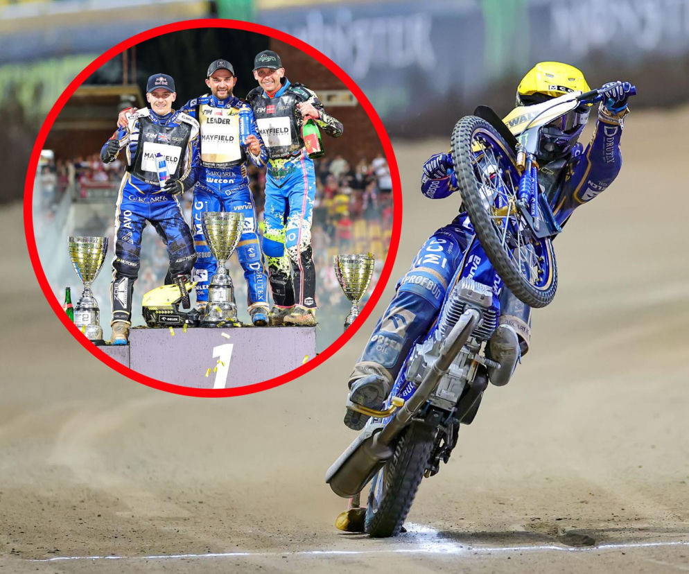 Żużlowiec Bartosz Zmarzlik na motocyklu w trakcie wyścigu na torze we Wrocławiu, z kolei w czerwonym okręgu ukazani są trzej żużlowcy na podium z pucharami. Więcej o emocjonującym Grand Prix Polski we Wrocławiu przeczytasz na naszym portalu.