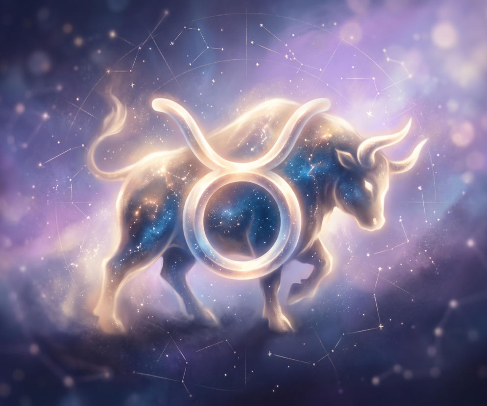 Świecąca sylwetka byka na tle rozgwieżdżonego nieba z symbolem zodiaku. O horoskopie dla Byka przeczytasz w Eska.