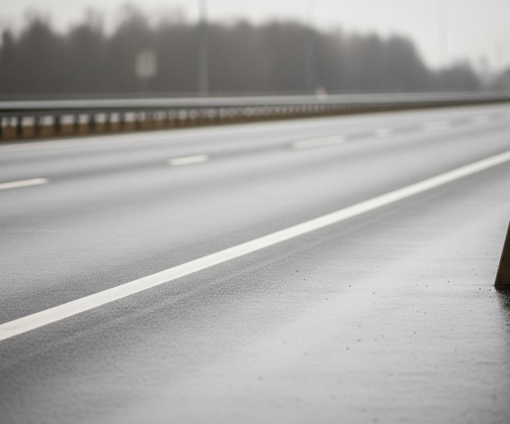 Na pierwszym planie, z prawej strony, znajduje się pionowy szary słupek, lekko pochylony w lewo, z widocznymi drobnymi czarnymi plamkami i zabrudzeniami. Słupek jest osadzony w mokrej, ciemnoszarej nawierzchni, która błyszczy od wilgoci, a na jej powierzchni widać liczne kropelki wody. Droga rozciąga się w głąb obrazu, z dwiema białymi, ciągłymi liniami rozgraniczającymi pasy ruchu, przy czym ta bliższa przebiega ukośnie od lewego dolnego rogu w kierunku środka zdjęcia. Po lewej stronie drogi widoczna jest metalowa barierka ochronna, składająca się z poziomych srebrnych rur wspartych na brązowo-szarych słupkach, za którą rozciąga się niewyraźna, ciemna linia drzew pod zamglonym, jasnoszarym niebem.