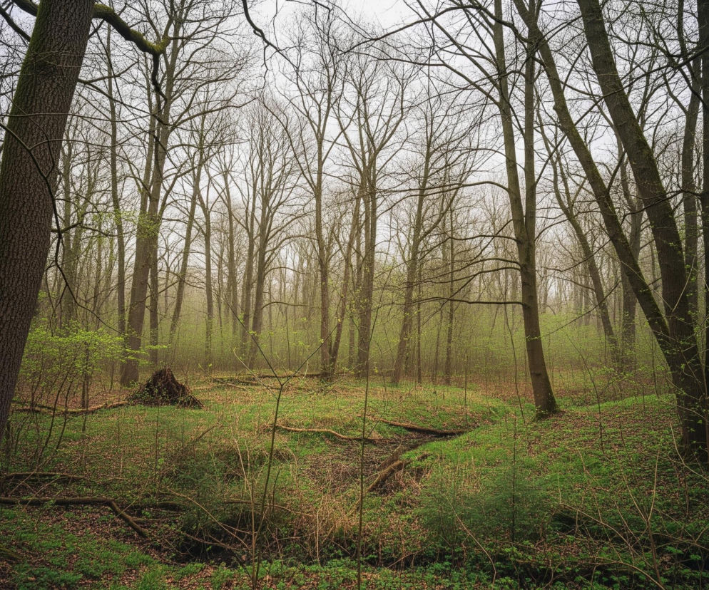 Las przedstawiony jest w perspektywie z bliska na drzewa pierwszego planu, rozciągając się w głąb obrazu. Nagie pnie drzew i ich rozgałęzione korony dominują w górnej części kadru, tworząc gęsty wzór na tle jasnego, mglistego nieba. Podłoże jest pokryte zieloną roślinnością, miejscami przetykaną brązowymi liśćmi i gałęziami, z widocznym płytkim, ciemnym strumieniem lub zagłębieniem biegnącym przez środek.