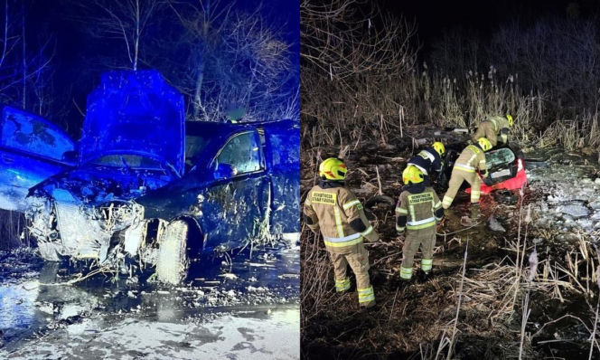 Pijany kierowca wjechał do bagna. W środku były dwie osoby