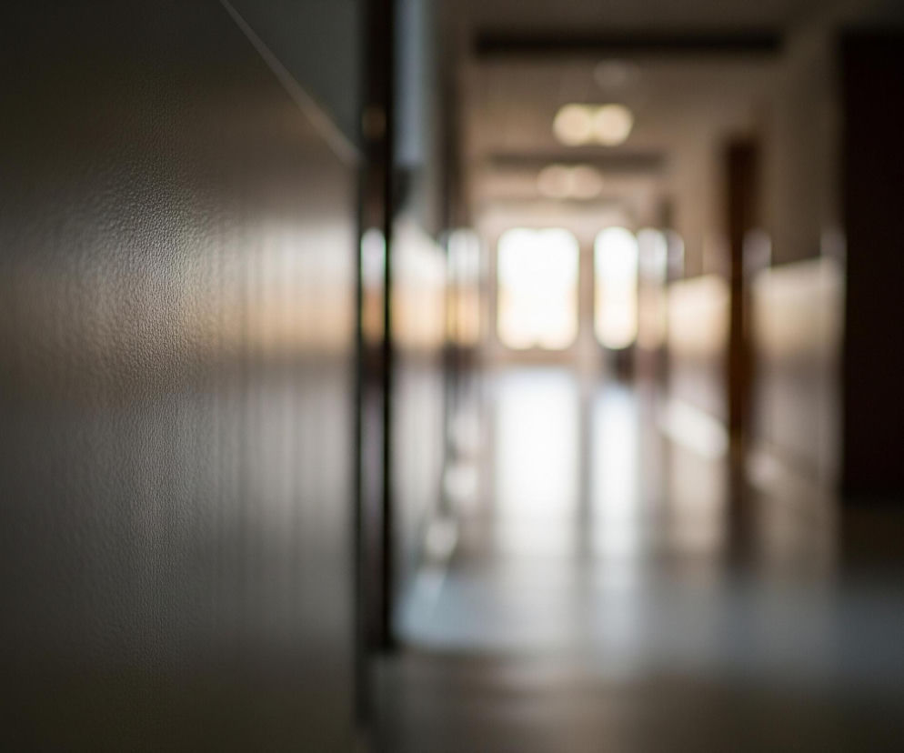 Przedstawia się długi korytarz widziany z perspektywy, gdzie ściana po lewej stronie jest ciemnobrązowa i wyraźna w pierwszym planie, a jej powierzchnia ma delikatną fakturę. Korytarz zwęża się ku oddalonemu punktowi, w którym widoczne jest jasne, rozmyte światło wpadające przez otwór, prawdopodobnie okno lub drzwi. Po prawej stronie widać rozmyte, ciemniejsze pionowe kształty, sugerujące framugi drzwi lub inne elementy architektoniczne, a także jaśniejsze fragmenty ścian. Całość jest nieostra poza lewą ścianą, co tworzy efekt głębi i skupia uwagę na pierwszym planie oraz świetlistym końcu korytarza.